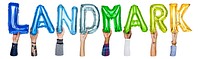 Landmark word png, hands holding balloon typography, transparent background