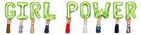 Girl power word png, hands holding balloon typography, transparent background