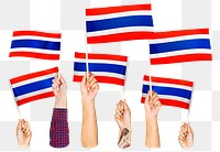 Hands waving png Thai flags, transparent background