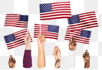 Hands waving png American flags, transparent background