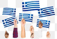 Hands waving png Greek flags, transparent background