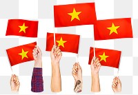 Hands waving png Vietnamese flags, transparent background