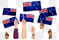 Hands waving png New Zealander flags, transparent background