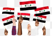 Hands waving png Syrian flags, transparent background