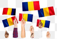 Hands waving png Romanian flags, transparent background
