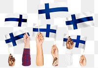 Hands waving png Finland flags, transparent background