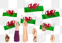 Hands waving png Welsh flags, transparent background