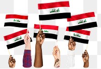 Hands waving png Iraqi flags, transparent background