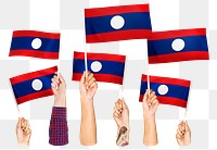 Hands waving png Lao PDR flags, transparent background