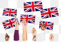 Hands waving png Union Jack flags, transparent background