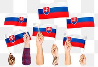 Hands waving png Slovakia flags, transparent background