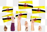 Hands waving png Brunei flags, transparent background