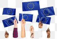 Hands waving png European Union flags, transparent background