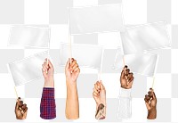 Hands waving white png flags, transparent background