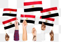 Hands waving png Egyptian flags, transparent background