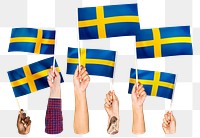 Hands waving png Swedish flags, transparent background