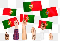 Hands waving png Portuguese flags, transparent background