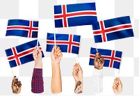 Hands waving png Icelandic flags, transparent background