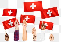 Hands waving png Switzerland flags, transparent background