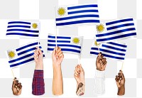 Hands waving png Uruguay flags, transparent background