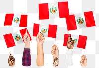 Hands waving png Peru flags, transparent background