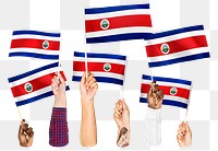 Hands waving png Costa Rican flags, transparent background