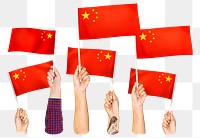 Hands waving png Chinese flags, transparent background