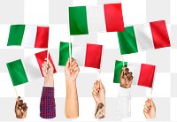 Hands waving png Italian flags, transparent background