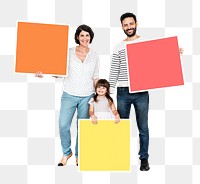 Png Happy family holding blank boards, transparent background