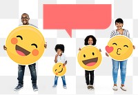 Png Cheerful family holding happy emoticons, transparent background