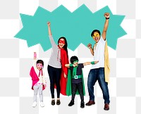 Png Happy family wearing superhero costumes, transparent background