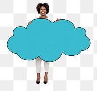 Png Woman holding cloud shaped board, transparent background