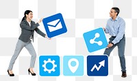 Png Business partners holding online icons, transparent background