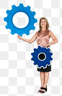 Png Woman & two gears, transparent background