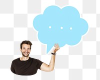Png Cheerful man holding blank speech bubble symbol, transparent background