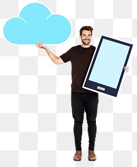 Png Cheerful man holding online cloud storage icons, transparent background