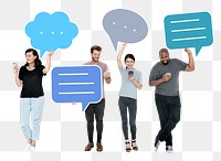 Png Diverse social medipeople holding speech bubble symbols, transparent background