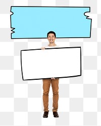 Png Asian man holding blank board, transparent background