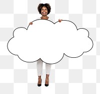 Png Woman holding cloud shaped board, transparent background