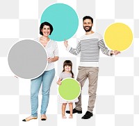Png Happy family holding empty round boards, transparent background