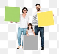 Png Happy family holding empty square shaped boards, transparent background