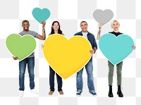 Png Diverse people holding colorful hearts, transparent background