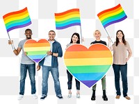 Png Diverse people holding rainbow banners, transparent background