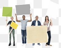 Png Diverse people holding protest banners, transparent background