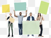 Png Diverse people holding protest banners, transparent background