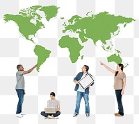 Png People pointing at the world map, transparent background