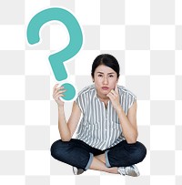 Png Confused lady holding question mark sign, transparent background