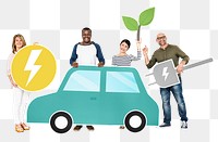 Png Cheerful people with hybrid car, transparent background