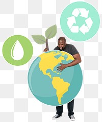 Png Cheerful man with environmental conservation symbols, transparent background