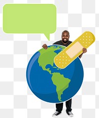 Png Cheerful ecologist with save the world concept symbols, transparent background